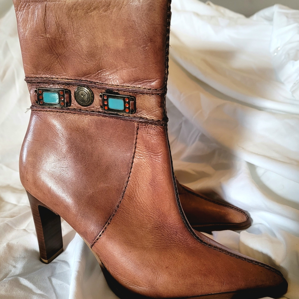 Brown Heeled Boots with Turquoise Accents and Tapered Heel
